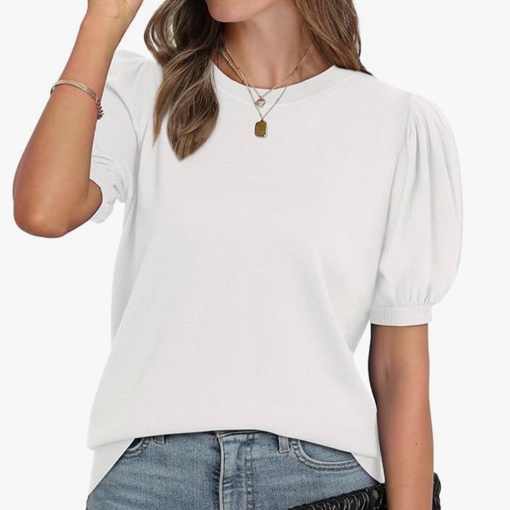Wiholl Gathered Sleeve Short Sleeved Lightweight Sweater Knit Shirt Medium
